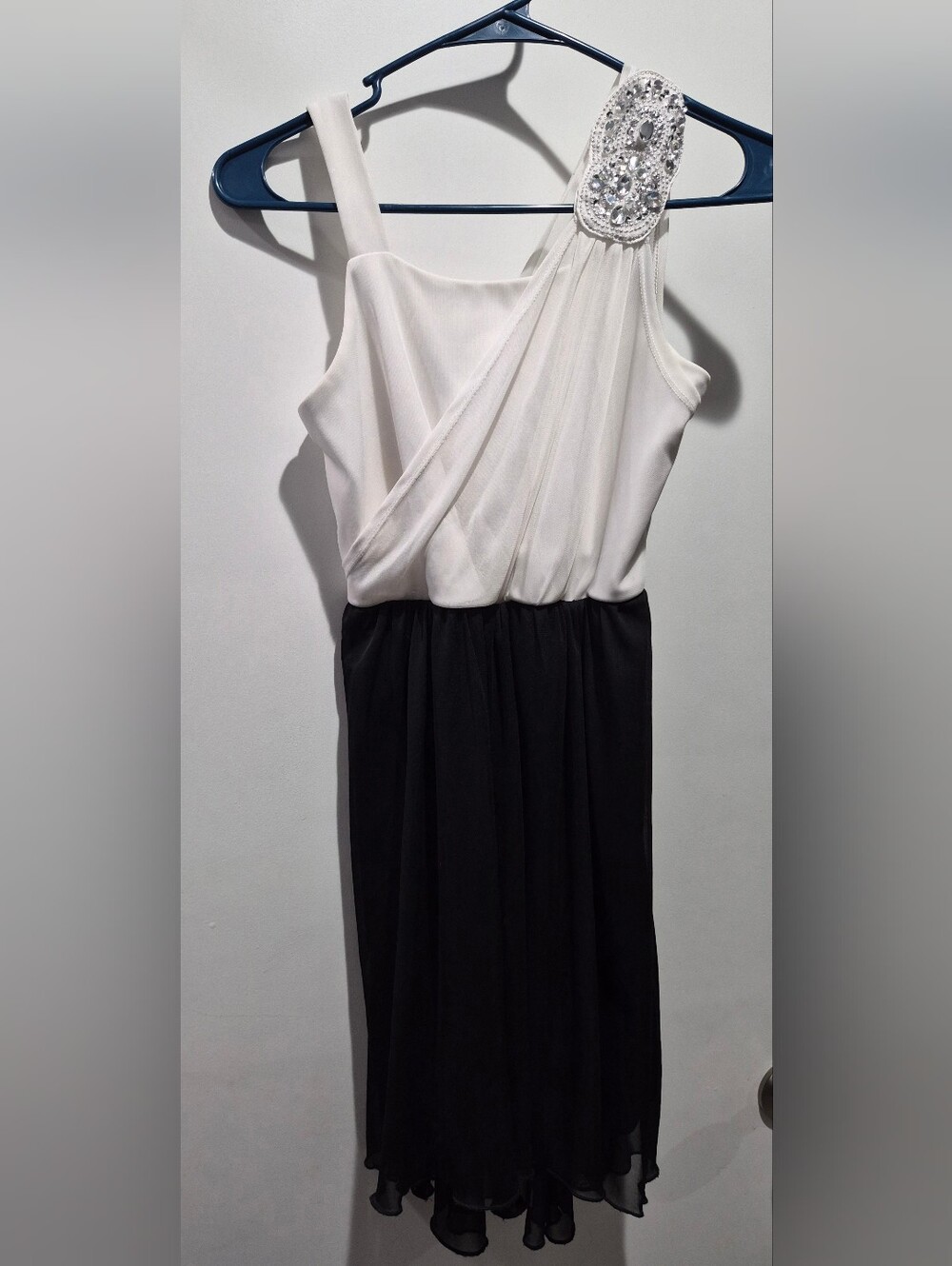 Girls White and Black Evening Dress with Beaded Shoulder